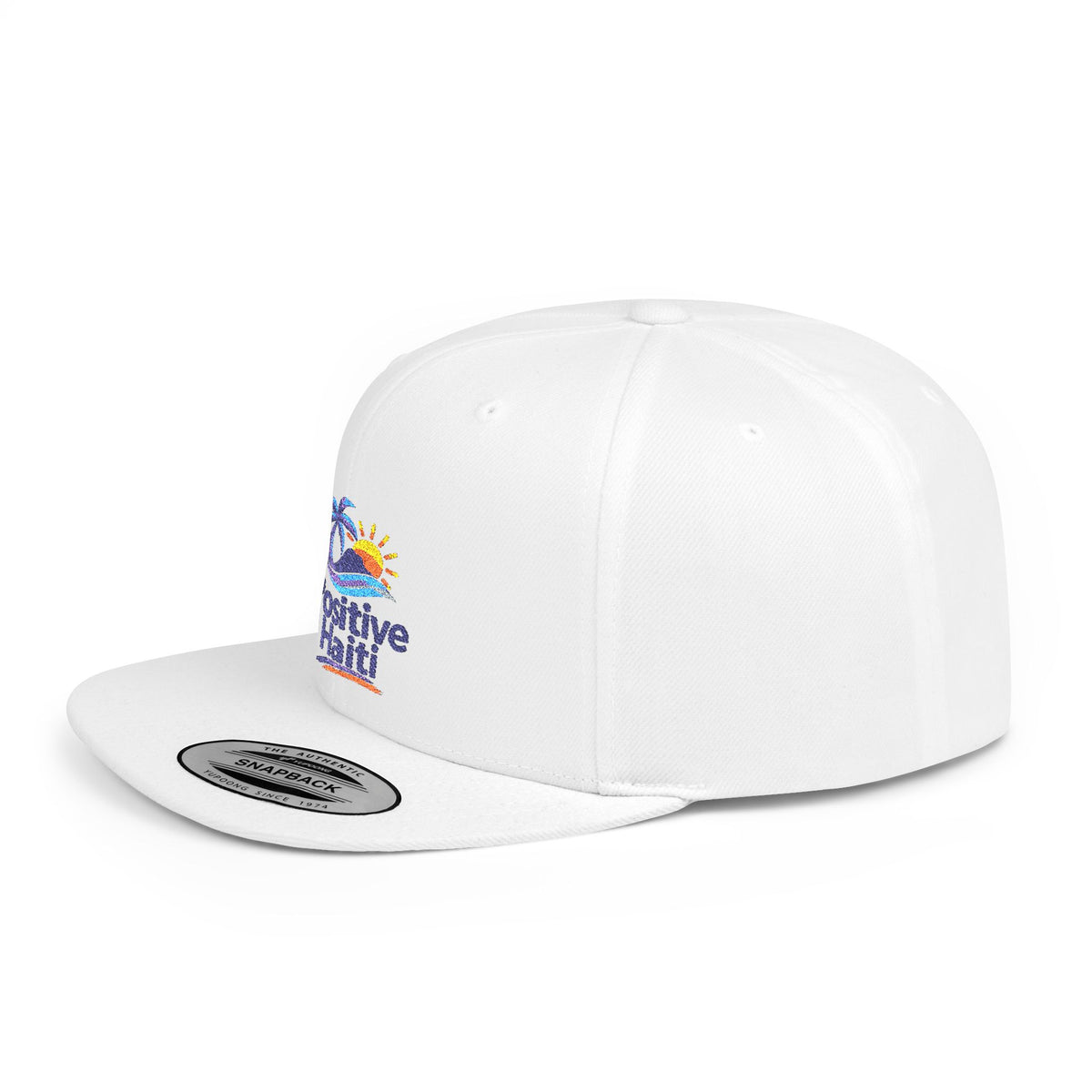 Positive Haiti Snapback Hat — Tropical Palm & Sunrise Flat Bill Cap